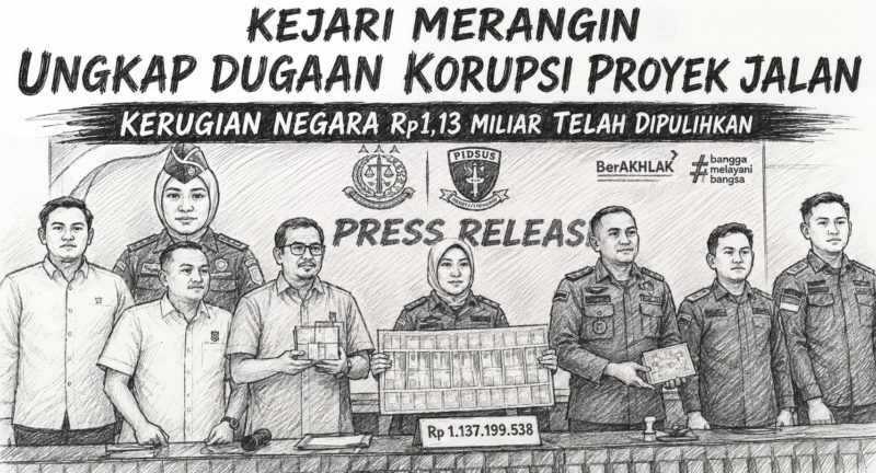 Kejari Merangin Ungkap Dugaan Korupsi Proyek Jalan, Kerugian Negara Rp1,13 Miliar Telah Dipulihkan. (Sketsa diedit oleh AI)