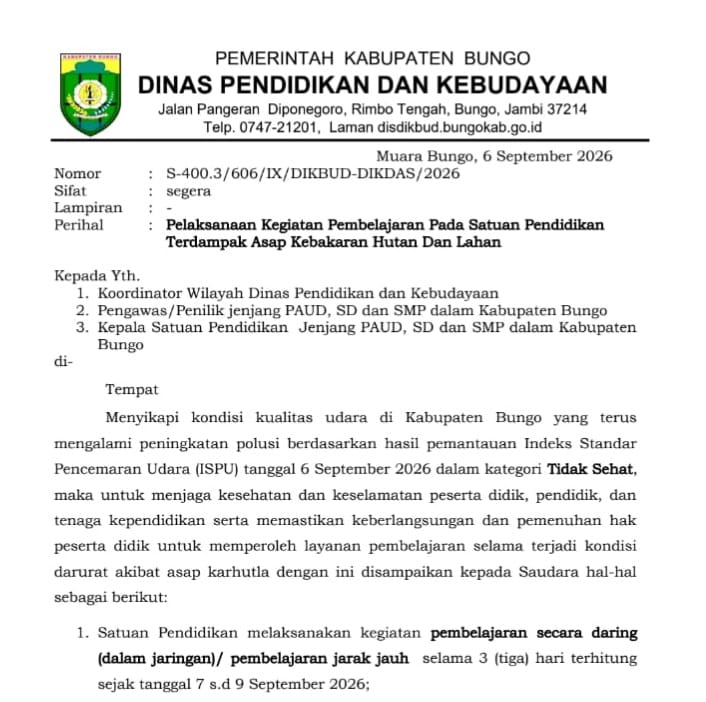 ISPU Bungo Masuk Kategori Tidak Sehat, Sekolah Kembali Daring Tiga Hari